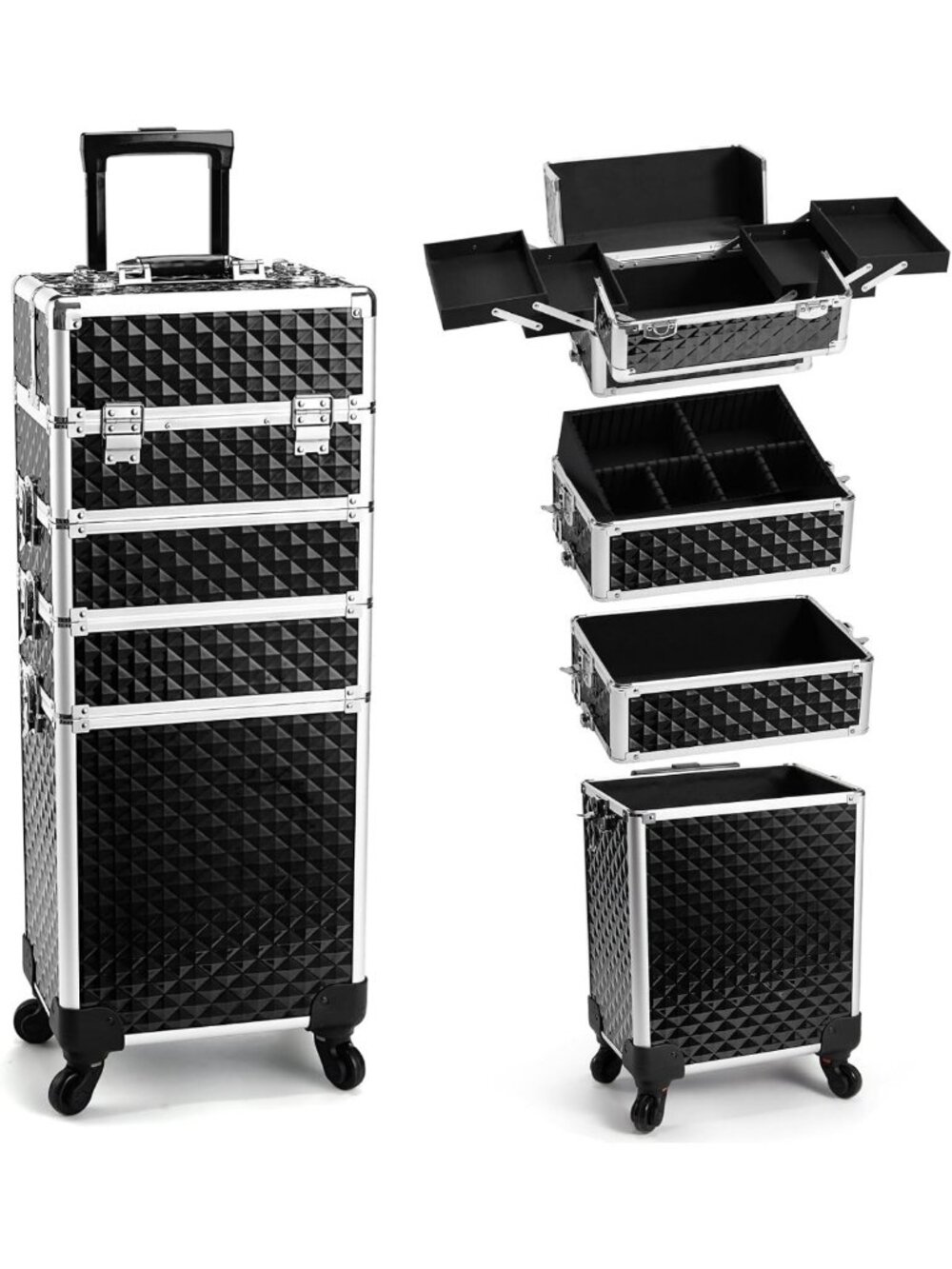 4-in-1 Rolling Makeup Train Case on Wheels, Travel Cosmetic Vanity & Nail Tech